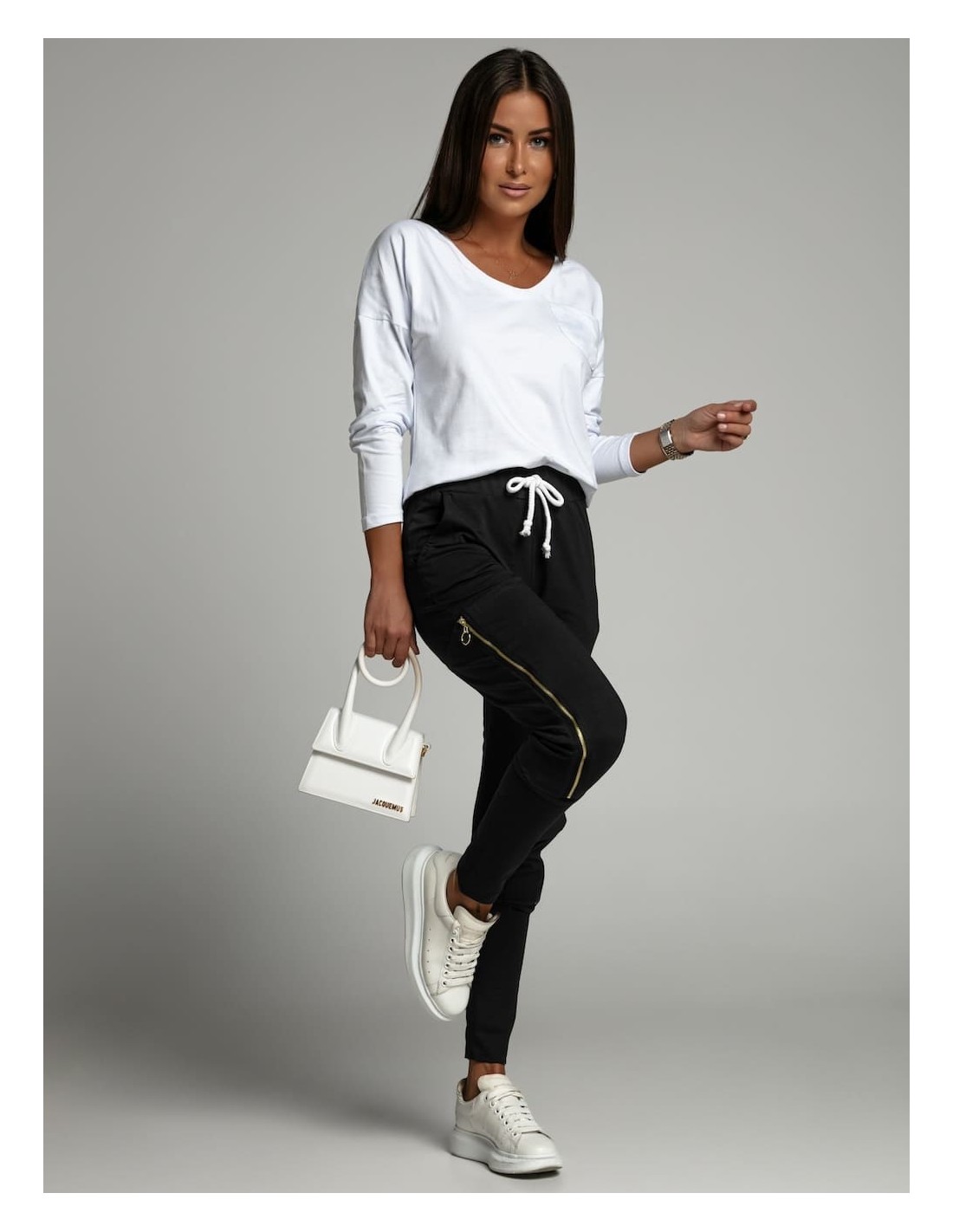 Women\'s set of cargo pants and blouse, white and black FK607 - Online store - Boutique